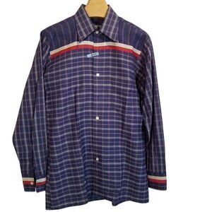 Vintage 80s Carl Michaels Men Dress Shirt M Blue Plaid Button Up